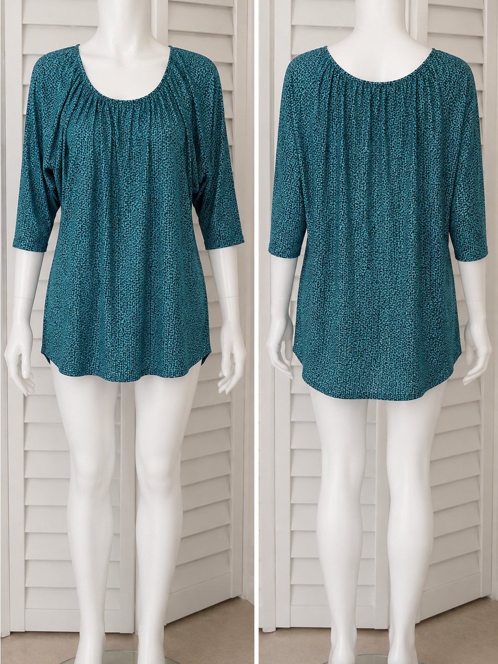 New York & Company Teal Printed Scoop Neck Blouse
